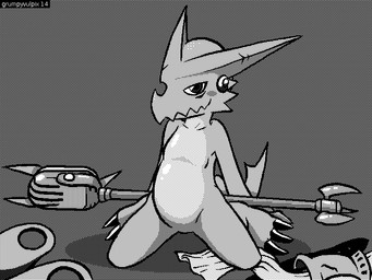bedroom_eyes black_and_white digimon featureless_crotch front_view kneeling lalzimsooodrunkrightnow leaning leaning_back looking_at_viewer male monochrome nude pinup polearm scalie screentone shoutmon solo staff
Rating: Questionable
Score: 1
User: Circeus
Date: March 24, 2014