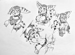 anthro blush bodily_fluids bouncing_breasts breast_play breasts clothing covering covering_breasts covering_self crossgender cum cum_on_breasts cum_on_face embarrassed female genital_fluids gloves group handwear heart_symbol insomniac_games lombax mammal monochrome penetration ratchet_(ratchet_and_clank) ratchet_and_clank sex sony_corporation sony_interactive_entertainment stripes titfuck tongue tongue_out traditional_media_(artwork) twistedterra vaginal vaginal_penetration