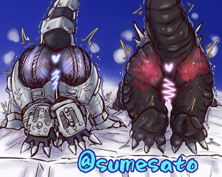 all_fours bed black_body breath censored_anus censored_genitalia censored_penis claws duo feet furniture grey_body machine male mecha on_bed raised_tail rear_view shaking shivering spank_marks spanked_butt submissive tail toe_claws sumesato godzilla_(series) toho godzilla kiryu_(godzilla) mechagodzilla kaiju mechanical_dragon robot 5:4 censored