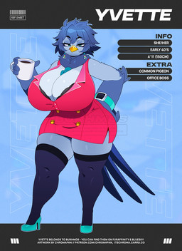 4_fingers anthro beak beverage big_breasts black_bra black_clothing black_underwear blue_body blue_clothing blue_eyes blue_feathers blue_footwear blue_hair blue_high_heels bra breasts cleavage clock clothed clothing coffee coffee_mug container cup eyebrow_through_hair eyebrows eyelashes eyelashes_through_hair feathers female fingers footwear hair high_heels holding_coffee_mug holding_container holding_cup holding_mug holding_object huge_breasts legwear mug non-mammal_breasts pronouns red_clothing shoes short_hair smartwatch solo stated_height text thigh_highs translucent translucent_hair underwear watch yellow_beak chromapan avian bird columbid pigeon rock_dove 2025 english_text hi_res model_sheet url watermark