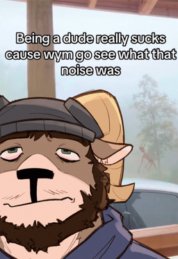 anthro beanie beard bovid_horn brown_hair caprine_horn clothing facial_hair green_eyes hair hat headgear headwear horn male mustache ram_horn solo text gatto_gateau echo_(game) echo_(series) echo_project carl_hendricks socketman bovid caprine mammal sheep absurd_res english_text hi_res meme