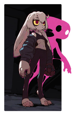 3_toes 4_fingers :< anthro bangs big_ears bottomwear chest_tuft claws clothing cybernetic_arm cybernetic_limb duo emotionless eye_bags eyebrows feet female fingers fur hair hip_tuft hollow_eyes hologram jacket long_ears navel on_ground pink_body pose red_eyes shirt short_hair solo_focus standing tank_top tight_bottomwear tight_clothing toes topwear tuft white_body white_fur white_hair yellow_sclera polygoncherub clover_(polygoncherub) lucky_(polygoncherub) lagomorph leporid mammal rabbit 2025 colored detailed digital_drawing_(artwork) digital_media_(artwork) full-length_portrait hi_res portrait shaded