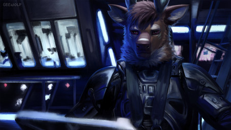 anthro antlers armor belt fluffy futuristic handle handrail horn ladder lights male neckfluff science_fiction seatbelt solo stairs geewolf the_expanse deer mammal 2025 digital_drawing_(artwork) digital_media_(artwork) signature