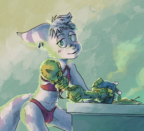 anthro beverage breakfast bulge clothing container crossgender cup ear_piercing ear_ring female femboy male mechanical_arm mtf_crossgender mug navel piercing pube_peek pubes ring_piercing solo tea underwear zottgrammes ratchet_and_clank sony_corporation sony_interactive_entertainment rivet_(ratchet_and_clank) lombax mammal absurd_res hi_res trans_(lore) trans_woman_(lore)