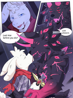 anthro armor black_body black_fur blood bodily_fluids demon_eyes dialogue duo fur horn kiss_on_lips kissing male male/male melee_weapon scar sword text weapon white_body white_fur lumii i_think_i_like_you mythology leon_ostiarius sky_(i_think_i_like_you) canid canid_demon canine canis demon hellhound lagomorph leporid mammal mythological_canine mythological_creature rabbit wolf 3:4 absurd_res english_text hi_res