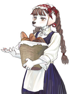 anthro apron black_nose blush braided_hair bread brown_hair clothing dress female food hair pawpads simple_background solo white_background white_body fkey canid canine canis domestic_dog mammal 2020 hi_res