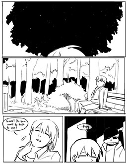 ambiguous_gender anthro bench bone clothed clothing dialogue duo male narrowed_eyes night open_mouth plant skeleton solo speech_bubble star text tree newnap undertale undertale_(series) frisk_(undertale) sans_(undertale) animated_skeleton human humanoid mammal monster undead comic english_text hi_res monochrome