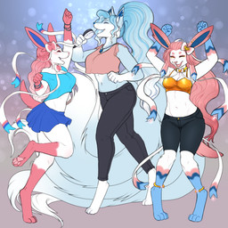 abs anthro big_breasts breasts clothing dancing digitigrade electronics eyes_closed female group hair medium_breasts microphone open_mouth open_smile pokemorph singing smile thick_thighs trio wide_hips ajna golden_week nintendo pokemon alolan_form alolan_ninetales eeveelution generation_6_pokemon generation_7_pokemon pokemon_(species) regional_form_(pokemon) sylveon 1:1 hi_res