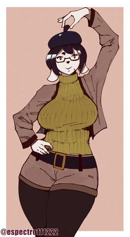 abstract_background anthro beret big_breasts black_eyes black_hair bottomwear breasts brown_clothing brown_jacket brown_topwear clothing curvy_figure eyelashes eyewear female fingers fur glasses hair hat headgear headwear jacket mature_anthro mature_female short_hair shorts solo sweater text thick_thighs topwear voluptuous voluptuous_anthro voluptuous_female white_body white_fur wide_hipped_anthro wide_hipped_female wide_hips yellow_clothing yellow_sweater yellow_topwear espectro111222 mochi_(jxzuke) canid canine canis domestic_dog hunting_dog mammal mixed_breed scent_hound shiba_inu spitz 2025 absurd_res artist_name digital_drawing_(artwork) digital_media_(artwork) hi_res watermark