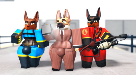 anthro axe big_butt black_body black_bodysuit black_clothing black_fur black_nose black_skinsuit bodysuit bottomwear brown_body brown_bottomwear brown_clothing brown_ears brown_eyes brown_fur brown_necktie brown_nose brown_pants brown_suit brown_topwear bulge butt cigarette cigarette_smoke clothed clothing cosplay fire_axe fire_symbol flamethrower front_view fur group half-closed_eyes holding_axe holding_cigarette holding_flamethrower holding_melee_weapon holding_object holding_ranged_weapon holding_weapon looking_at_viewer male melee_weapon multicolored_body multicolored_bodysuit multicolored_bottomwear multicolored_clothing multicolored_ears multicolored_fur multicolored_skinsuit multicolored_suit multicolored_topwear narrowed_eyes necktie outside pants pose ranged_weapon red_bodysuit red_clothing red_skinsuit shirt skinsuit smile smoke smoking smoking_cigarette standing suit thick_thighs tight_clothing topwear trio two_tone_body two_tone_bottomwear two_tone_clothing two_tone_ears two_tone_fur two_tone_pants two_tone_suit two_tone_topwear weapon white_clothing white_shirt white_topwear yellow_bodysuit yellow_clothing yellow_skinsuit willie_piv roblox team_fortress_2 valve pyro_(team_fortress_2) spy_(team_fortress_2) canid canine canis dobermann domestic_dog humanoid mammal pinscher robloxian 2025 3d_(artwork) digital_media_(artwork)
