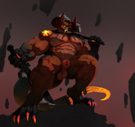 abs animal_genitalia anthro axe balls front_view genitals holding_axe holding_melee_weapon holding_object holding_sword holding_weapon looking_at_viewer low-angle_view male male_anthro melee_weapon mouth_closed muscular muscular_anthro muscular_male nude orange_balls orange_body orange_sclera orange_sheath pecs penis penis_tip red_penis sheath solo standing sword weapon yellow_eyes dust_yang canid canine mammal hi_res