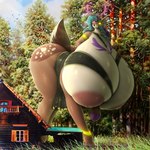 anthro areola bent_over big_breasts blue_hair breasts cabin female hair huge_breasts hyper hyper_breasts macro nipples small_head solo drakonst deer mammal taur 1:1 absurd_res hi_res