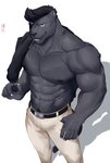 anthro black_body black_fur bottomwear clothing eye_patch eyewear fur hair male muscular muscular_anthro muscular_male nipples pecs simple_background solo ixkouu felid mammal pantherine 2020 hi_res