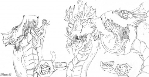anthro armor bodily_fluids burping burping_up_object claws dagger dialogue eye_patch eyewear fangs feral fully_inside fur group half-closed_eyes headgear helmet male melee_weapon narrowed_eyes neck_bulge open_mouth partially_inside paws question_mark saliva saliva_on_tongue saliva_string soft_vore speech_bubble teeth text toe_claws tongue tongue_out uvula vore weapon wide_eyed marcushunter european_mythology greek_mythology mythology cheetah felid feline hydra lion mammal monster pantherine scalie snow_leopard 2019 english_text monochrome signature
