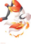 ambiguous_gender black_body black_fur feral fire fur looking_at_viewer midair multicolored_body multicolored_fur open_mouth orange_body orange_eyes orange_fur orange_nose rabbit_ears scut_tail short_tail simple_background solo tail upside_down white_background white_body white_fur yellow_body yellow_fur unknown_artist nintendo pokemon cinderace generation_8_pokemon pokemon_(species) hi_res