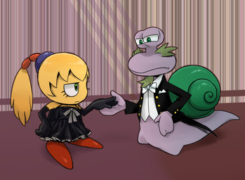 age_difference anthro black_clothing black_gloves black_handwear black_tie_(suit) blonde_hair clothing dress eye_contact facial_hair female gloves goatee green_eyes green_shell hair hand_holding handwear looking_at_another male mature_anthro mature_male older_anthro older_male ponytail purple_body shell suit yellow_body young young_female young_humanoid younger_female younger_humanoid 2bori1 kirby:_right_back_at_ya! kirby_(series) nintendo escargoon tiff_(kirby) alien alien_humanoid gastropod humanoid mollusk snail 2010 japanese_description