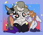 anthro bent_over big_breasts black_clothing black_legwear black_stockings blue_clothing blue_legwear blue_stockings body_writing border breasts brown_body brown_fur clenched_teeth clothing collar confetti eye_contact female fur gradient_background grey_body grey_fur grey_hair group hair hair_over_eye hair_over_eyes holding_breast huge_breasts kneeling legwear legwear_only looking_at_another medium_breasts mostly_nude obscured_eyes orange_body orange_fur purple_border purple_clothing purple_legwear purple_stockings red_collar simple_background small_breasts spiked_collar spikes stockings stockings_only teeth trio vulva white_body white_fur butterbeater abbie_(butterbeater) ida_(butterbeater) odette_(butterbeater) bird_dog bobtail_cat canid canine canis cavalier_king_charles_spaniel dobermann domestic_cat domestic_dog felid feline felis hunting_dog mammal pinscher spaniel toy_dog 2025