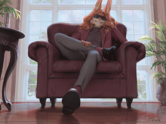anthro biped bottomwear claws clothed clothed_anthro clothed_male clothing fingers footwear front_view fully_clothed fully_clothed_anthro fully_clothed_male fur hair inside looking_at_viewer male pants shoes sitting smile solo teeth topwear window eruca lagomorph leporid mammal rabbit 2026 digital_drawing_(artwork) digital_media_(artwork)