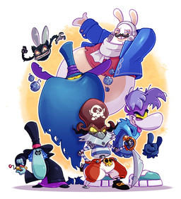 3_fingers 4_fingers ambiguous_gender anthro big_nose black_body black_clothing black_eyebrows black_facial_hair black_footwear black_fur black_hat black_headwear black_jacket black_mustache black_sclera black_shoes black_topwear blue_body blue_cloak blue_clothing blue_footwear blue_gloves blue_hair blue_handwear blue_hat blue_headwear blue_hoodie blue_shoes blue_skin blue_suit blue_topwear bottomless bottomless_anthro bottomless_male bottomwear cloak clothed clothing conjoined_eyes controller cravat curly_hair cutlass devil_horns_(gesture) dreadlocks eyebrows facial_hair feral fingers floating_hands floating_head floating_torso flying footwear fur furrowed_brow furrowed_eyebrows gesture gloves glowing glowing_eyes grey_body grey_hair grey_wings group hair hand_behind_head hand_gesture handwear hat headgear headwear holding_controller holding_cutlass holding_object holding_remote_control hoodie insect_wings jacket larger_anthro larger_humanoid larger_male legless light long_ears machine male medium_hair melee_weapon mitten_hands multicolored_body mustache narrowed_eyes noseless open_clothing open_jacket open_topwear overweight overweight_anthro overweight_male pants pawpads pegleg pressing_button purple_body purple_clothing purple_hair purple_robe purple_skin red_bottomwear red_clothing red_eyes red_hat red_headwear red_pants red_topwear red_vest remote_control robe sharp_teeth shoes simple_background size_difference smaller_ambiguous smaller_humanoid smaller_male squint striped_body stripes suit sword tan_eyelids tan_inner_ear tan_pawpads teal_clothing teal_footwear teal_shoes teeth tooth_gap toothy_grin topwear torn_clothing torn_hat torn_headwear two_tone_body vest weapon white_cravat white_eyes wide_brim_hat wings yellow_eyes yellow_sclera francoisl-artblog mario_bros mario_plus_rabbids_kingdom_battle nintendo raving_rabbids rayman_(series) ubisoft admiral_razorbeard andre_(rayman) mr._dark_(rayman) phantom_of_the_bwahpera raymesis the_magician_(rayman) black_lum ghost humanoid hybrid lagomorph lum_(rayman) lum_(species) mammal rabbid raypeople_(rayman) robot robot_humanoid spirit teensie 2025 absurd_res colored crossover digital_drawing_(artwork) digital_media_(artwork) english_description hi_res lighting shaded