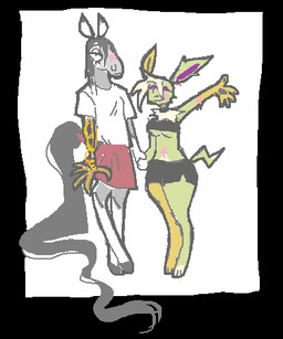 anthro duo female gesture smile waving waving_at_viewer guncht nintendo pokemon dijon_(guncht) kenny_(guncht) eeveelution equid equine generation_1_pokemon horse jolteon mammal pokemon_(species) aliasing digital_media_(artwork) low_res trans_(lore) trans_man_(lore)