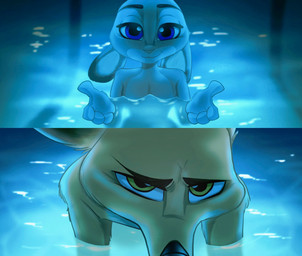 anthro duo female fur glowing_water green_eyes grey_body grey_fur inviting male orange_body orange_fur pointy_ears purple_eyes rabbit_ears swimming_pool water bubblecop disney i'll_teach_you_everything_(chainsaw_man) zootopia judy_hopps nick_wilde canid canine european_rabbit fox lagomorph leporid mammal oryctolagus rabbit red_fox true_fox hi_res
