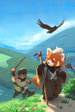anthro beak belt black_hair cloud day detailed_background eyes_closed feral grass group hair holding_object holding_pipe holding_stick male outside plant smile stick ugo_chiola ailurid avian bird corvid corvus_(genus) crow human mammal oscine passerine red_panda 2016 hi_res