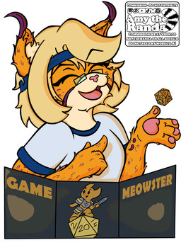 accessory anthro blonde_hair blue_eyes chibi clothing d20 dice eyes_closed eyewear game_screen gesture glasses hair hand_gesture headband male open_mouth pointing shirt solo t-shirt text topwear wearing_glasses yellow_body amytheranda miwagi_rishir_(tailscribemitch) felid feline lynx mammal cel_shading english_text hi_res shaded watermark