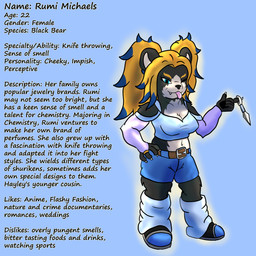 alternative_fashion belly belt belt_buckle black_body black_fur black_nose blonde_hair blue_clothing blue_eyes blue_highlights bottomwear buckle clothing crop_top denim denim_bottomwear denim_clothing denim_shorts eyebrows fur gem gyaru hair highlights_(coloring) holding_object holding_weapon j-fashion jewelry kunai leg_warmers legwear looking_at_viewer multicolored_body multicolored_fur one_eye_closed one_fang purple_sleeves sapphire_(gem) shirt shorts simple_background smile smiling_at_viewer text thick_eyebrows tongue tongue_out topwear weapon wide_stance wink winking_at_viewer sinisterslyfox 1:1 english_description english_text hi_res shaded soft_shading