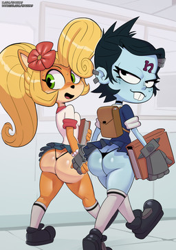 accessory anthro backpack big_butt black_clothing black_hair black_thong black_underwear blonde_hair blush bodily_fluids book bottomwear bracelet breast_squish breasts buckteeth butt butt_cleavage clothing duo ear_piercing female female/female flower flower_in_hair footwear freckles green_eyes hair hair_accessory hand_holding holding_book holding_object jewelry long_socks looking_at_viewer piercing plant shoes skirt smile smiling_at_viewer squish sweat tailless teeth text thong underwear walking spakka5 activision crash_bandicoot_(series) coco_bandicoot nina_cortex bandicoot human mammal marsupial absurd_res artist_name hi_res url