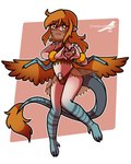 claws clothed clothing femboy genitals hair heart_symbol looking_at_viewer male open_mouth orange_eyes orange_hair orange_wings penis simple_background solo tail toe_claws veil wings shriekingmagpie fiona_(flight_rising) humanoid 4:5