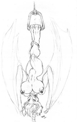 3_toes ankh anklet anthro big_breasts biped braided_hair breasts collar dangling ear_piercing erect_nipples feet female hair hanging_by_feet huge_breasts jewelry membrane_(anatomy) membranous_wings nipple_piercing nipples nude paws piercing realistic_wings short_hair simple_background smile solo toes upside_down white_background wide_hips wings gideon bat mammal 2012 black_and_white monochrome sketch source_request