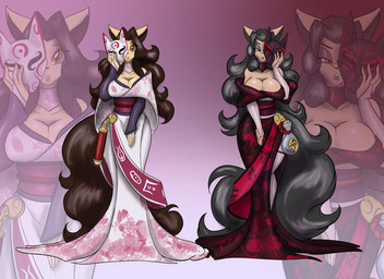 amber_eyes anthro asian_clothing black_hair bottle breasts brown_hair cleavage clothed clothing container dress duo east_asian_clothing evening_gown eyeshadow female hair japanese_clothing kimono makeup mask scroll toughset canid canine demon fox mammal 2017 sibling_(lore) twins_(lore)