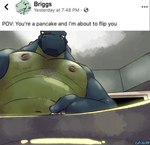 anthro looking_at_viewer looking_down male muscular muscular_male nipples social_media solo catjam_(artist) you're_a_pancake_and_i'm_about_to_flip_you briggs_(catjam) crocodilian reptile scalie meme