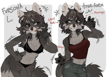 anthro biped bottomwear bra breasts cigarette claws clothed clothed_anthro clothed_female clothing countershade_torso countershading ear_piercing ear_ring eyebrow_piercing facial_piercing female fingers front_view fully_clothed fully_clothed_anthro fully_clothed_female fur hair holding_cigarette holding_object lip_piercing navel panties piercing ring_piercing scar simple_background smile solo standing tail teeth tongue topwear underwear raccoattack racc_(raccoattack) mammal procyonid raccoon 2026 digital_drawing_(artwork) digital_media_(artwork) hi_res