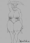 big_breasts breasts clothed clothing crossgender female genitals horn looking_at_viewer mtf_crossgender nipples not_furry pussy solo topless wide_hips ximema dark_souls fromsoftware capra_demon demon humanoid hi_res monochrome