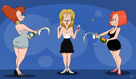 alcohol anthro areola beverage big_butt bottle breasts butt champagne clothing container cork_popping dress erect_nipples female group holding_bottle holding_container holding_object mature_anthro mature_female nipples open_mouth smile surprised thaman disney goof_troop debbie_dune ms._pennypacker peg_pete canid canine mammal 2015 hi_res