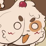 anthro biped black_nose blush brown_body brown_fur cherry cute_fangs eyebrows fangs food fruit fur hollow_eyes inner_ear_fluff male open_mouth open_smile plant simple_background smile solo teeth tuft white_body white_eyes white_fur divucup divu_(divucup) domestic_cat felid feline felis mammal
