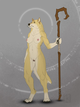 4_toes 5_fingers anthro black_nose black_pawpads claws feet female finger_claws fingers fur genitals hindpaw humanoid_hands magic magic_circle magic_user navel nipples nude nude_anthro nude_female pawpads paws solo staff standing tan_body tan_fur toe_claws toes vulva solokhoniir canid canine canis mammal wolf 2024 3:4 hi_res