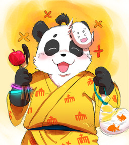 ambiguous_gender anthro black_body black_fur blush clothed clothing eyes_closed fur humanoid_hands robe solo white_body white_fur young young_ambiguous young_anthro shirokumaou bear giant_panda mammal 2015