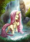 2017 butt cutie_mark equid equine eyes_closed feathered_wings feathers female feral fidzfox fluttershy_(mlp) friendship_is_magic grass hair hasbro hi_res long_hair mammal my_little_pony mythological_creature mythological_equine mythology nature outside pegasus pink_hair plant rock sky smile solo tree water waterfall wet wet_hair wings