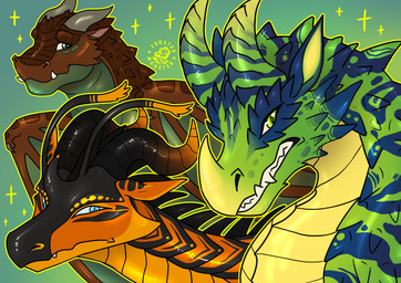 ambiguous_gender angry blue_eyes blue_stripes brown_body brown_scales cheek_spikes facial_spikes fangs feral frown gradient_background green_background green_body green_eyes green_scales grey_eyes group horn long_neck membrane_(anatomy) membranous_wings orange_body orange_scales pupils scales simple_background slit_pupils snout sparkles spikes spikes_(anatomy) stripes teeth trio tusks wings frostedmonster mythology wings_of_fire dugong_(wof) royal_(wof) taipan_(wof) dragon mythological_creature mythological_scalie scalie wildwing_(wof) hi_res shaded watermark male_(lore)