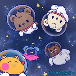 anthro astronaut brown_body brown_fur dot_eyes eyes_closed fur group kemono male outside simple_eyes space spacecraft spacesuit star vehicle white_body white_fur sayolino kumalino kumamilen sanrio drip_(kumalino) roast_(kumalino) syrup_(kumalino) bear mammal 1:1 2023