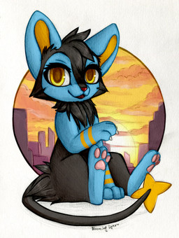 black_body black_fur black_tail blue_body blue_ears blue_fur cheek_tuft chest_tuft cloud eyelashes facial_tuft female fur glistening glistening_pawpads head_tuft looking_at_viewer open_mouth open_smile pawpads pink_pawpads red_nose semi-anthro simple_background sitting sky smile solo striped_arms stripes sunset tail tuft yellow_body yellow_eyes yellow_fur yellow_inner_ear yellow_sky yellow_stripes bloominglynx nintendo pokemon generation_4_pokemon luxio pokemon_(species) 2020 hi_res signature traditional_media_(artwork)