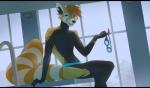 anthro biped black_bars clothing detailed_background diving_board eyewear goggles inside looking_at_viewer male sitting smile solo speedo swimwear melloque ailurid mammal red_panda digital_media_(artwork)