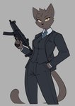 anthro black_tie_(suit) clothing female grey_background gun hand_in_pocket head_tuft mp5 mp5a3 necktie pockets ranged_weapon simple_background solo submachine_gun suit topwear tuft vest weapon yellow_eyes 427deer domestic_cat felid feline felis mammal 2022 absurd_res hi_res