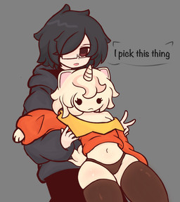 :< anthro black_eyes black_hair bottomless breasts brown_eyes butt cleavage clothed clothing collared_shirt dot_eyes duo eyewear female fur glasses grey_background hair hoodie horn legwear long_sleeve_shirt male navel one_eye_obstructed panties paws shirt short_hair simple_background simple_eyes small_breasts tail thick_thighs thigh_highs topwear underwear unicorn_horn white_body white_fur white_hair rider.png reese's buttercup_(rider) domestic_cat felid feline felis human mammal 2023 digital_media_(artwork) hi_res