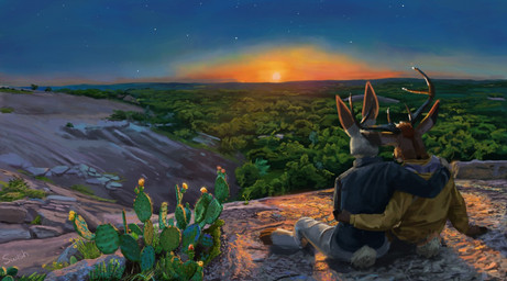 anthro antlers clothed clothing detailed_background duo fur horn male rear_view romantic romantic_ambiance romantic_couple sitting sunset texas view rabid swish buckley deer lagomorph leporid mammal rabbit
