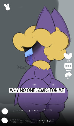 anthro backsack balls big_butt blonde_hair bodily_fluids bottom_heavy butt crying femboy genitals hair huge_butt male male_anthro neck_tuft nude nude_anthro nude_male purple_body shortstack shortstack_male solo sweat sweaty_butt tears text thick_thighs tuft wide_hips purpbatboi axel_lamour_(purpbatboi) bat mammal 2022 absurd_res digital_media_(artwork) english_text hi_res
