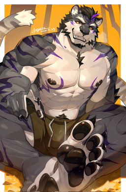abs anthro barazoku beard bottomwear bulge claws clothing eyebrows facial_hair feet hair male muscular muscular_anthro muscular_male navel nipples shorts solo text toe_claws forgetch felid feline mammal 2025 artist_name dated digital_drawing_(artwork) digital_media_(artwork) hi_res signature