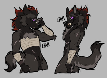 anthro bandage bandaged_arm bandaged_torso bared_teeth black_body black_claws black_fur black_nose cheek_tuft chest_tuft claws ear_piercing facial_tuft flexing fur glowing glowing_eyes green_eyes grey_background grey_body grey_fur grey_pawpads hair highlights_(coloring) inner_ear_fluff male medium_tail multicolored_hair muscular muscular_anthro muscular_male pawpads piercing pose purple_eyes red_hair red_highlights ring_piercing scar sharp_teeth simple_background smile smirk solo tail teeth teeth_showing thick_lines tired tuft madmawz syx_(madmawz) canid canine canis mammal wolf half-length_portrait hi_res portrait watermark nonbinary_(lore) trans_(lore)